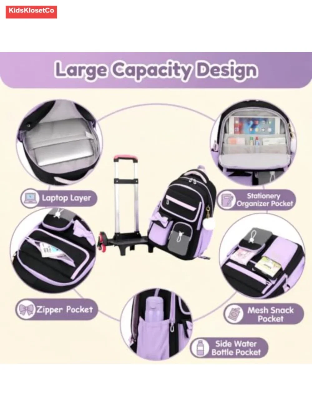 Rolling Backpack for Girls 6 Wheels with Furry Pendant Color-Block Nylon